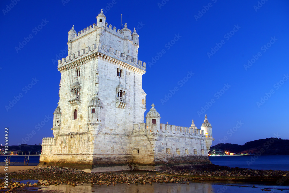 Photo of Belem Tower at night in Lisbon Portugal