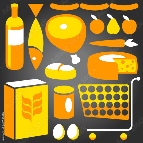 Illustration of assorted basic food supplies from a supermaket