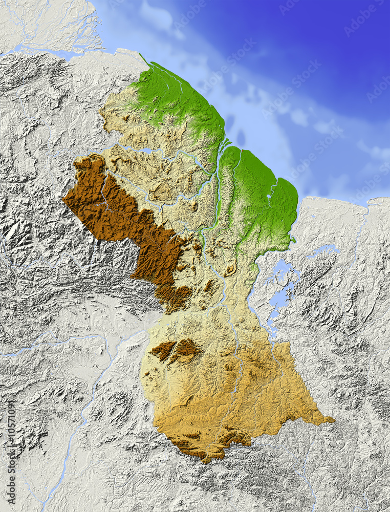 Fototapeta Guyana, shaded relief map, colored for elevation.