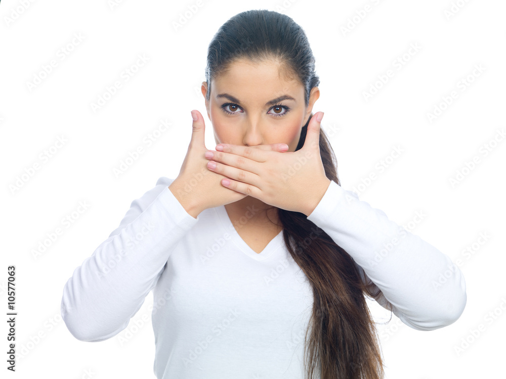 Portrait of a nice looking woman closing her mouth Portrait of a nice looking woman closing her mouth