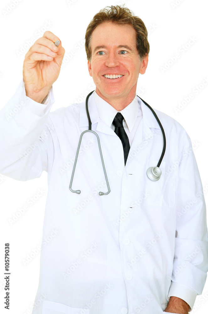 Happy Isolated Senior Caucasian Doctor Writing On Air Happy Isolated Senior Caucasian Doctor Writing On Air