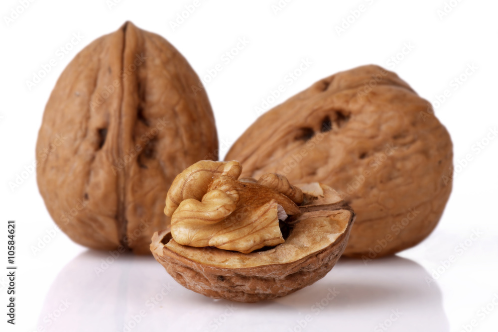Close-up of a walnut against white background Close-up of a walnut against white background