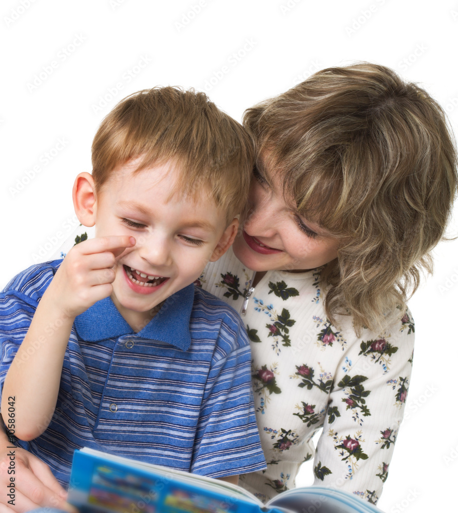 Happy son with mother read the book Happy son with mother read the book