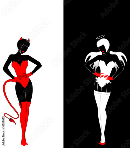 Silhouettes of an angel and devil on a black background