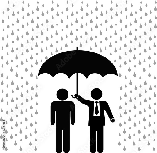 Businessman insurance agent holds umbrella over insured person