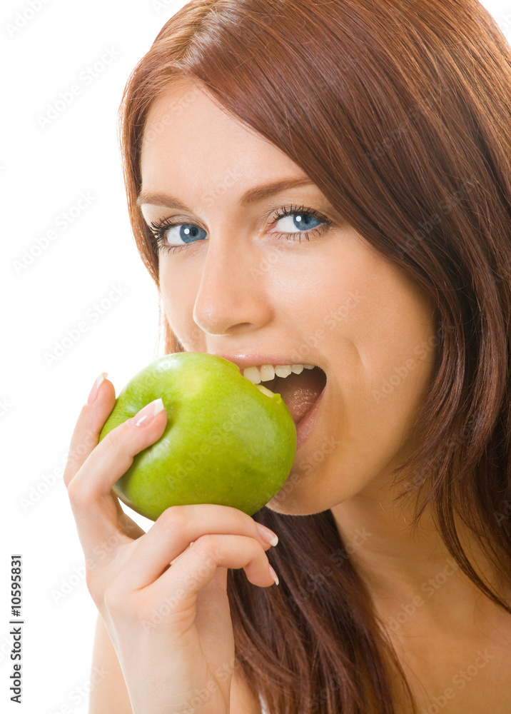 Portrait of young happy woman eating apple, isolated Portrait of young happy woman eating apple, isolated