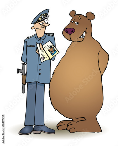 funny bear and policeman checking documents