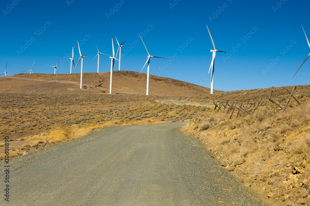 Gravel road among wind turbines.