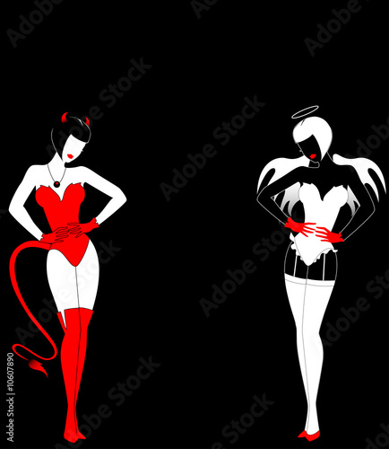 Silhouettes of an angel and devil on a black background