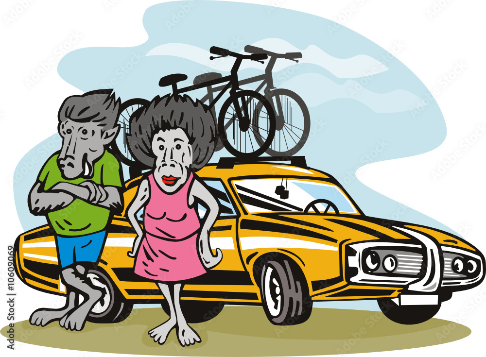 Mr and Mrs Baboon standing in front of car Mr and Mrs Baboon standing in front of car