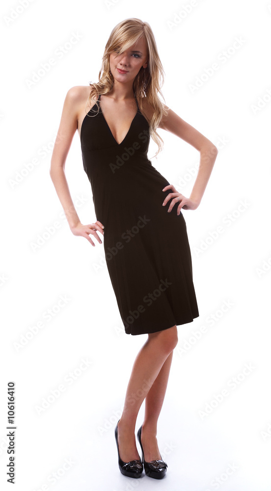 blonde in black dress