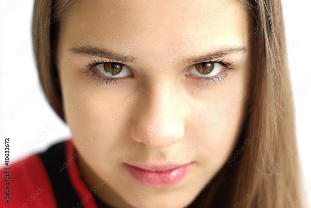 Close-up of beautiful girl on white background Close-up of beautiful girl on white background