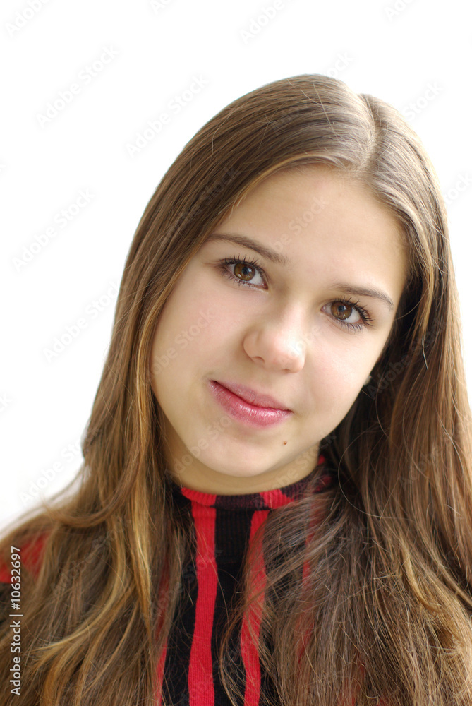 Close-up of beautiful girl on white background Close-up of beautiful girl on white background