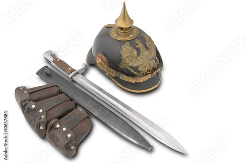 Stampa su tela Composition with old German helm, bayonet and cartridge pouch