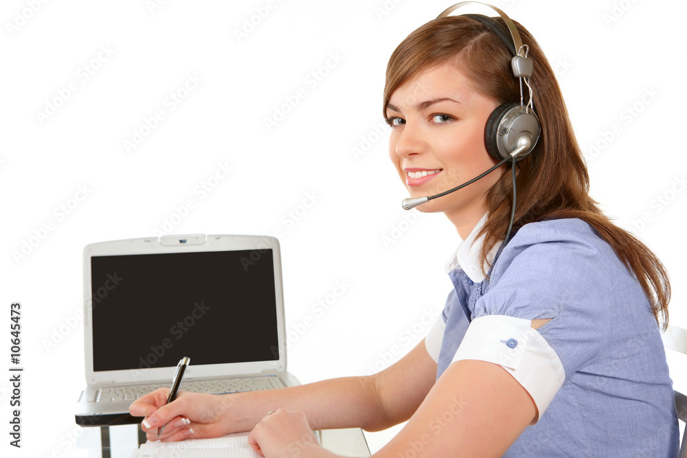 Woman with a laptop and headset Woman with a laptop and headset
