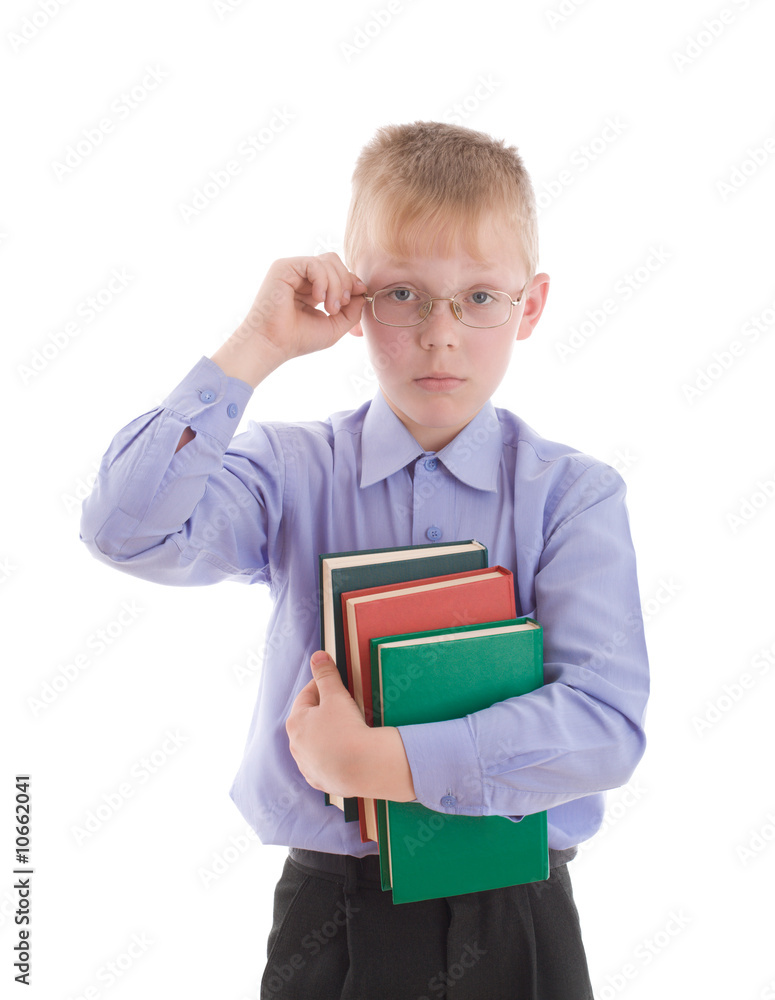 Boy embrace three interesting books and correct eyeglasses Boy embrace three interesting books and correct eyeglasses