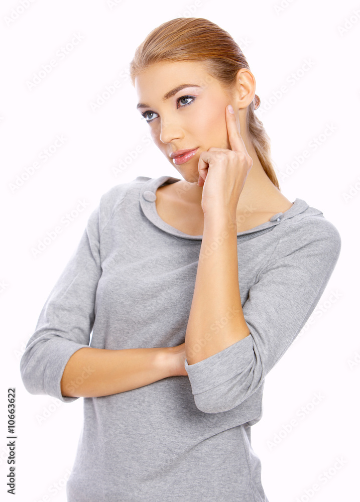 Portrait of a nice looking woman isolated on white, thinking