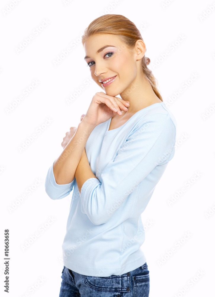 Portrait of a nice looking blond woman isolated on white Portrait of a nice looking blond woman isolated on white