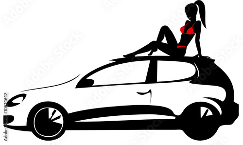 Silhouette of the girl in a bathing suit on a car cowl