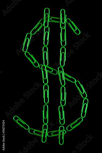 Paperclips arranged into the shape of the dollar sign.