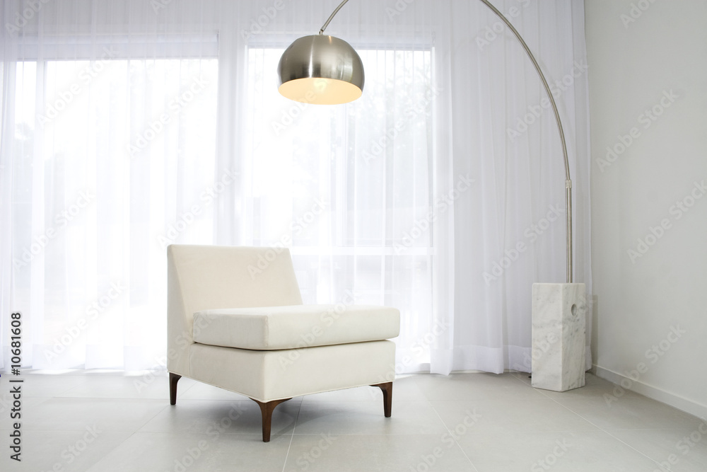 Contemporary interior with lamp and chair - obrazy, fototapety, plakaty 