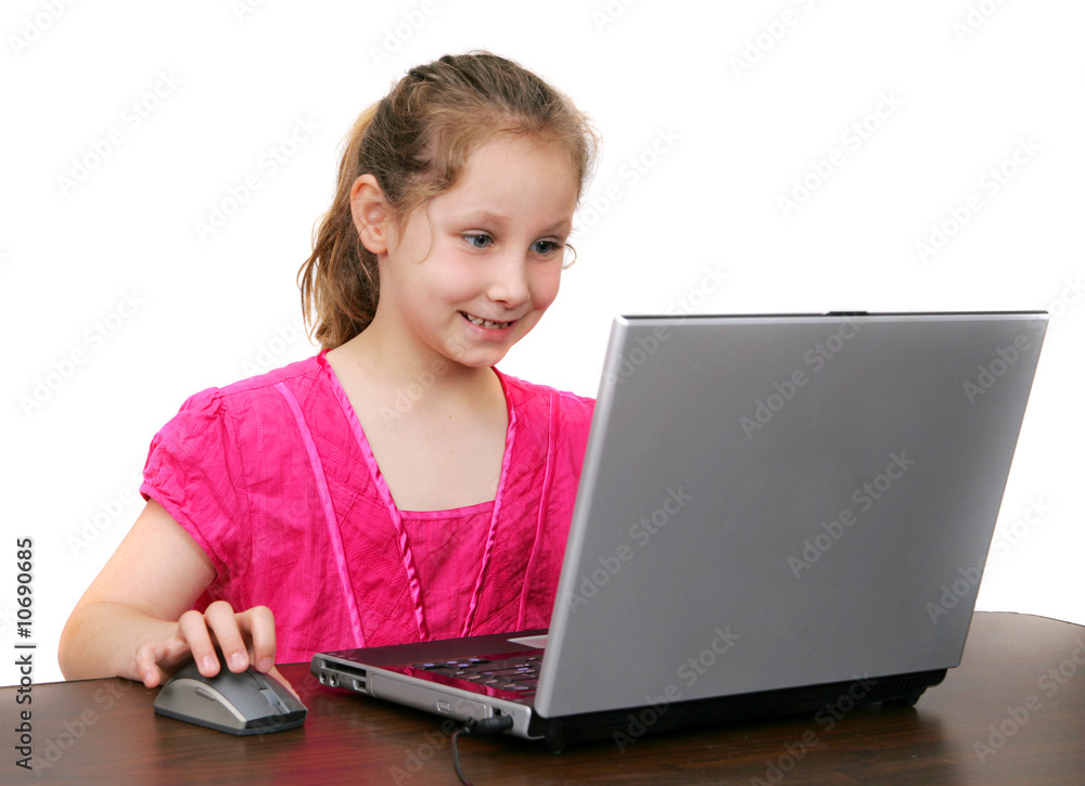 young girl at computer over white young girl at computer over white