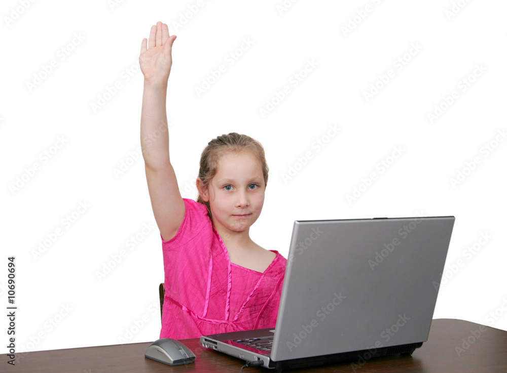 young girl at computer over white young girl at computer over white