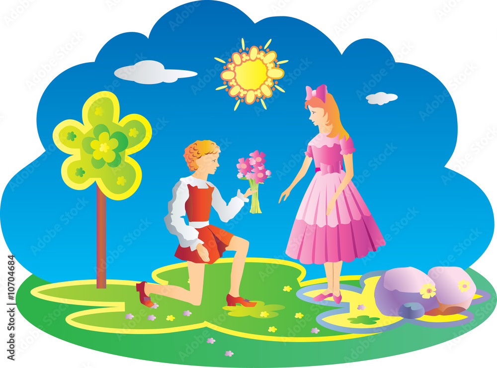 Young boy giving girl flowers and smiling. Young boy giving girl flowers and smiling.