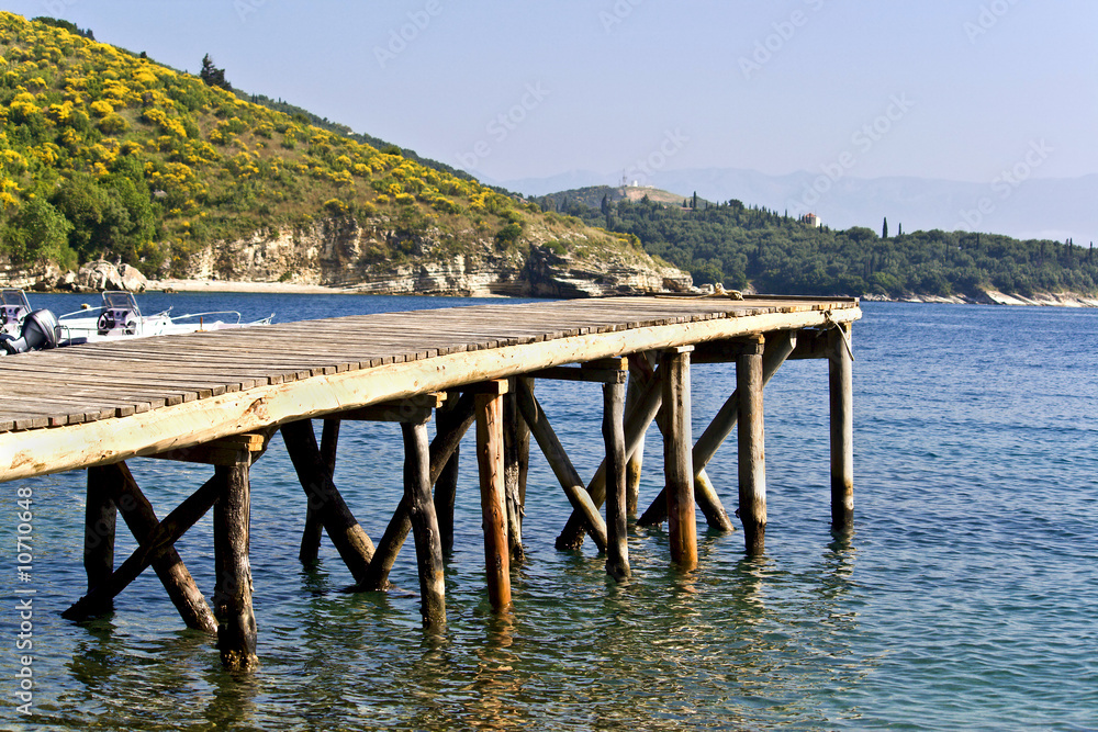 Wooden marina in a port at Corfu island, Greece