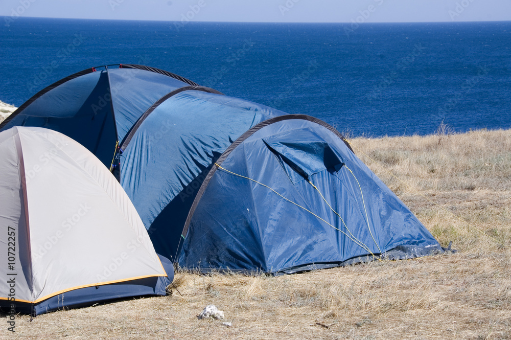 blue tent on the sea shore