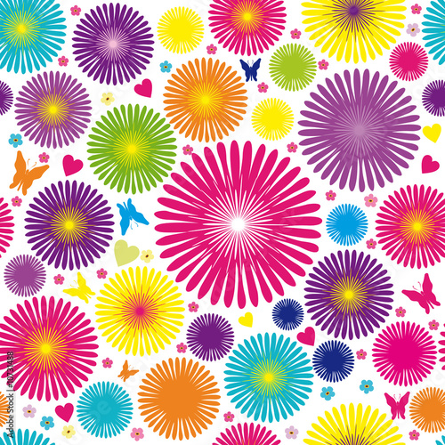 Vivid, colorful, repeating flower wallpaper on white