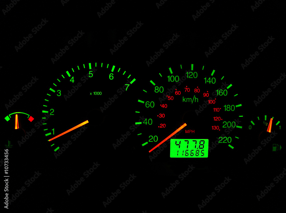 Close up of a car dashboard gauges at night