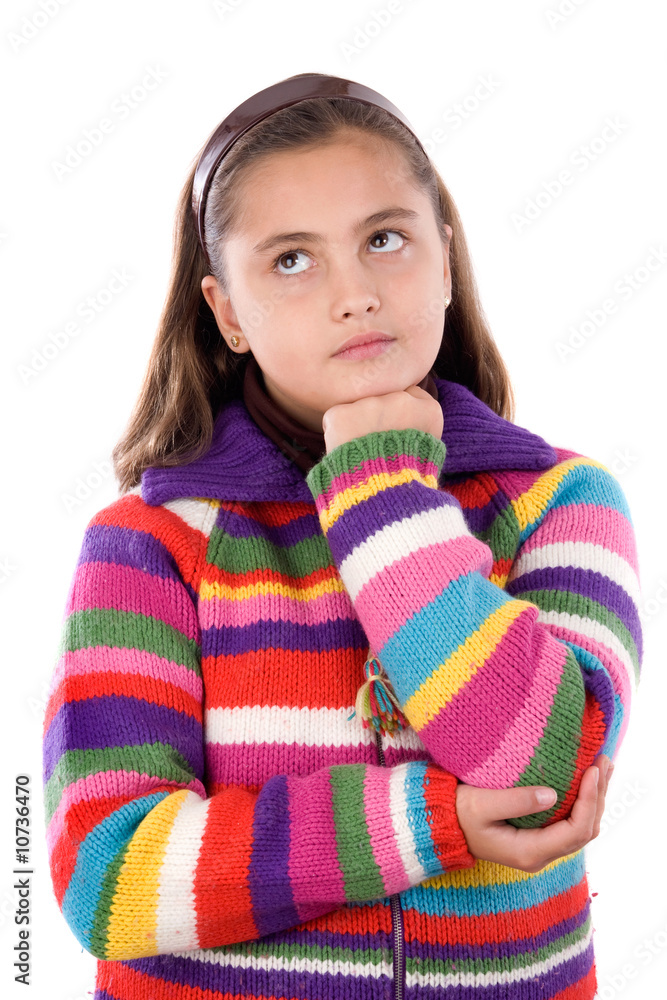 Adorable girl with woollen jacket thinking Adorable girl with woollen jacket thinking
