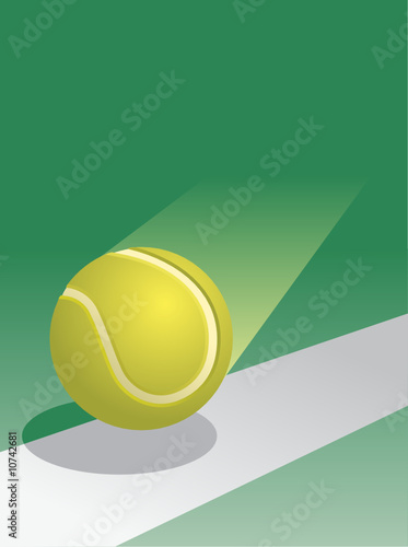 A yellow tennis ball in flight landing on a court boundary line.