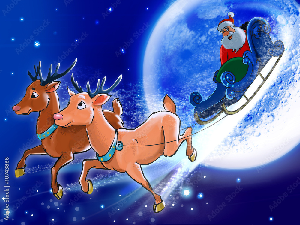 Santa is riding deers on the back of the Moon.