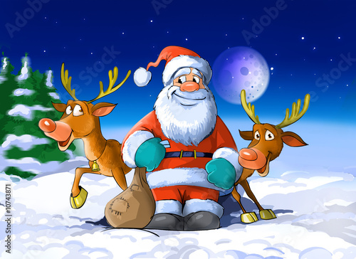 Santa Claus surrounded by his deers photo