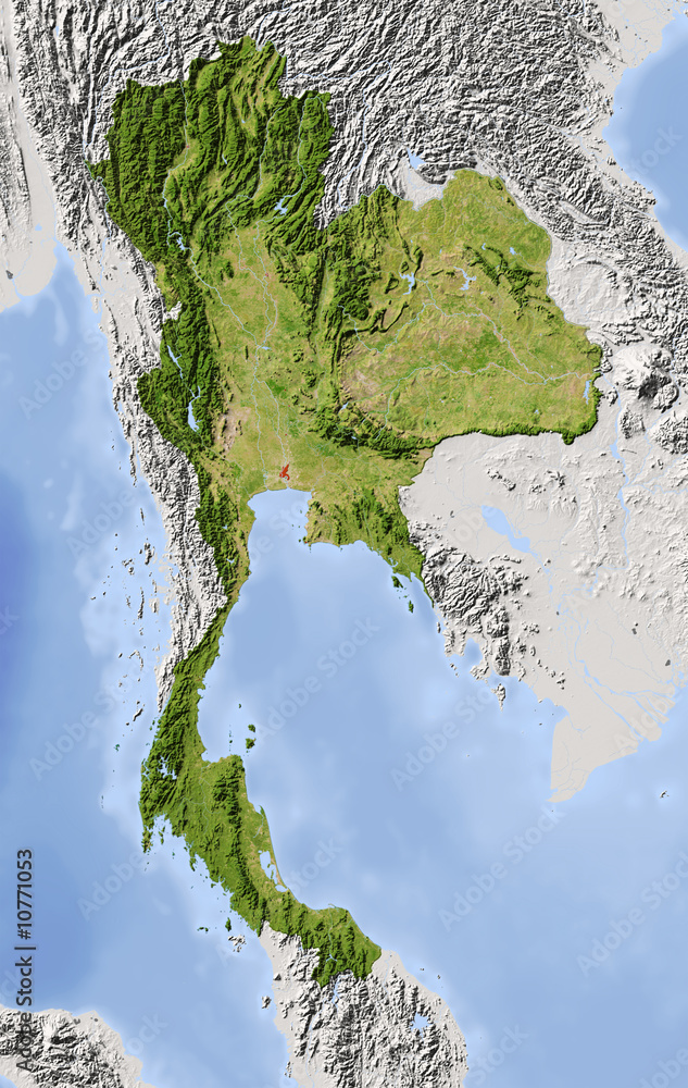 Thailand, shaded relief map, colored for vegetation. Stock Illustration ...