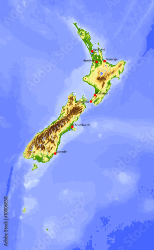 New Zealand, physical vector map, colored for elevation.