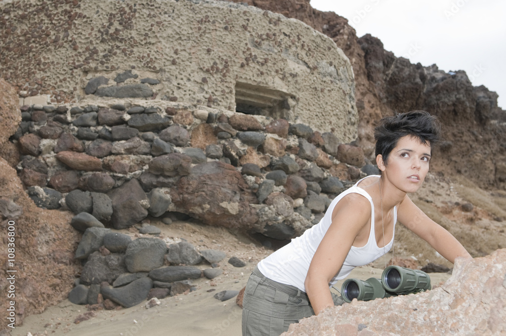 Fototapeta premium military woman near a bunker