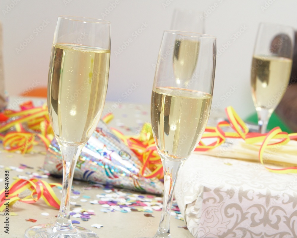 Glasses of champagne and gifts at a party Glasses of champagne and gifts at a party