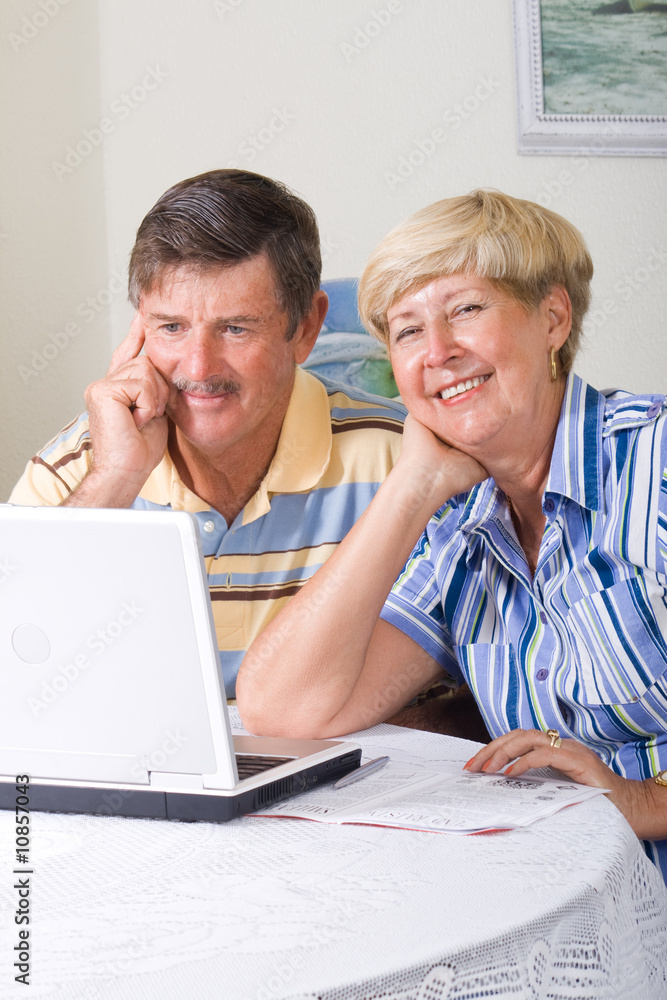 happy senior couple using computer at home