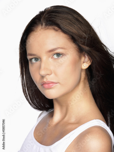 Portrait of Fresh and Beautiful brunette woman on white backgrou