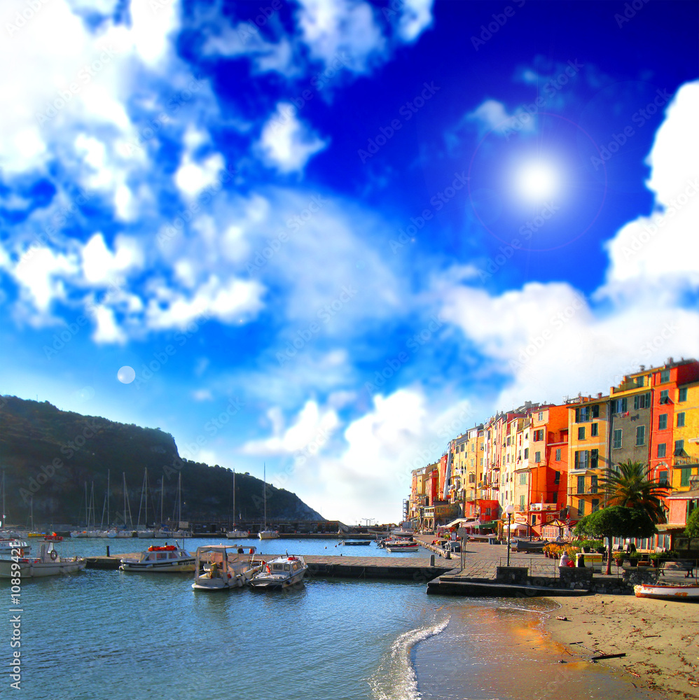 Mediterranean sea landscape with colored houses