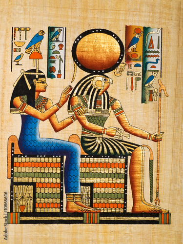 Egyptian papyrus showing the gods Re-Harakhte and Hathor