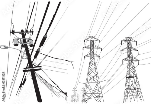 Electrical towers lines, cables and streetlight.