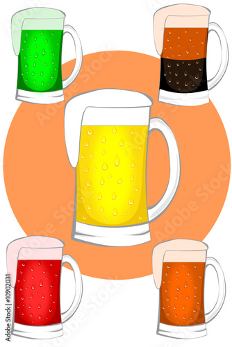 Various types of beer in sweaty mugs