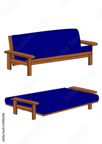 Blue wood frame futon in sofa and bed positions