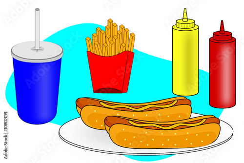 A Hotdog dinner scene with fries and soft drink