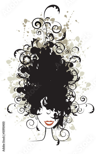 Floral hairstyle, woman face silhouette for your design