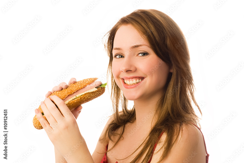 happy young woman with a hot dog happy young woman with a hot dog